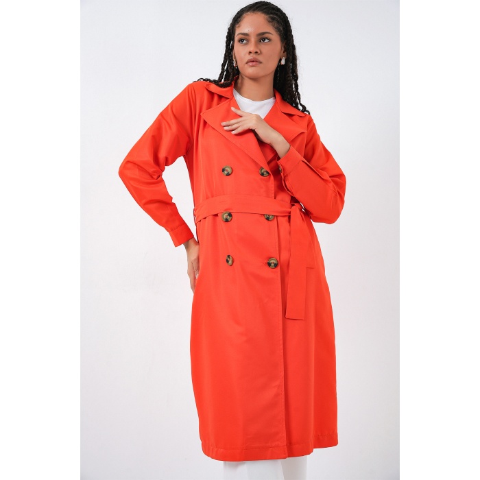 5853 Kruvaze Yaka Trençkot - Turuncu