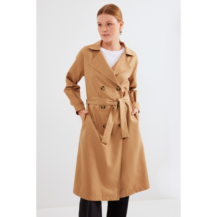 5853 Kruvaze Yaka Trençkot - Taba