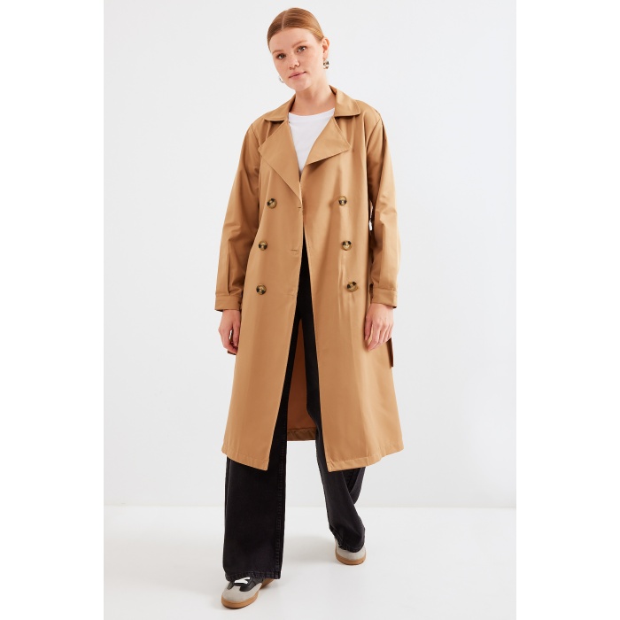 5853 Kruvaze Yaka Trençkot - Taba