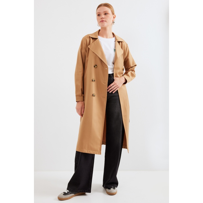 5853 Kruvaze Yaka Trençkot - Taba