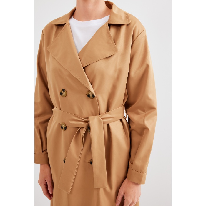 5853 Kruvaze Yaka Trençkot - Taba