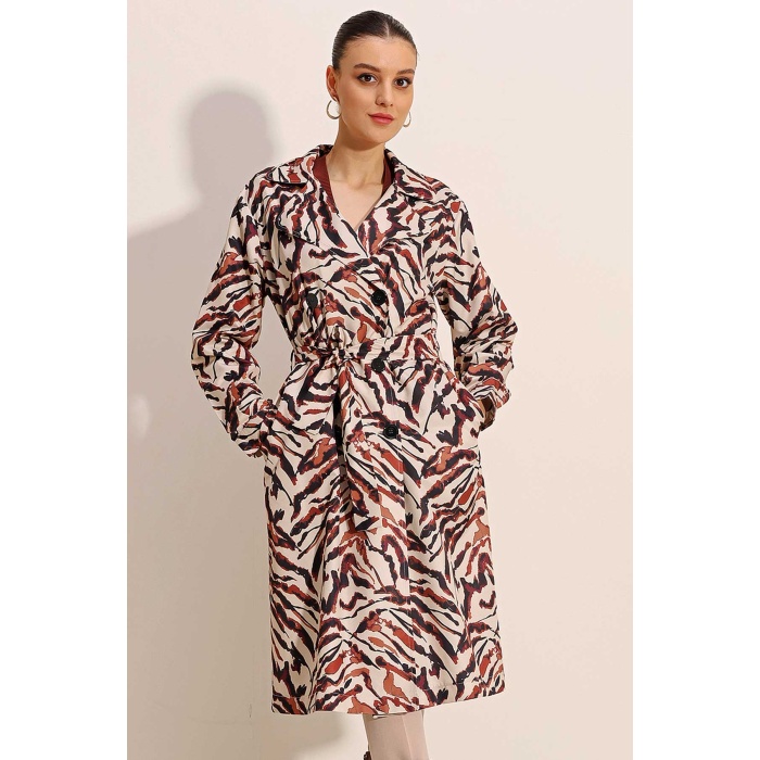 5853 Desenli Kruvaze Yaka Trençkot - C. Bej