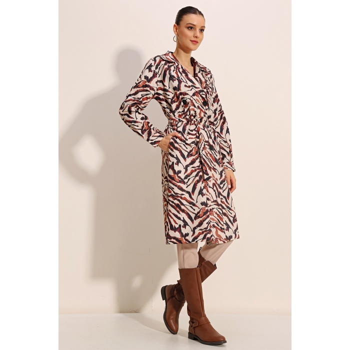 5853 Desenli Kruvaze Yaka Trençkot - C. Bej