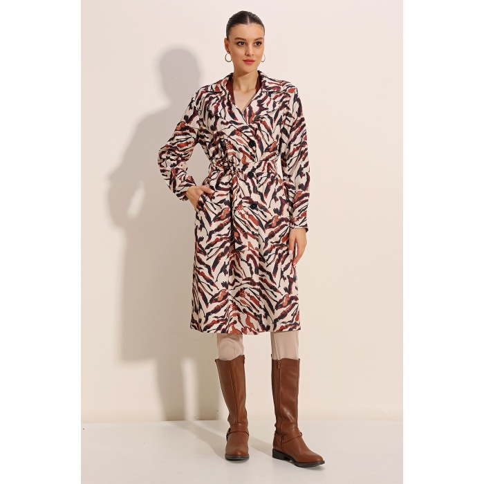 5853 Desenli Kruvaze Yaka Trençkot - C. Bej