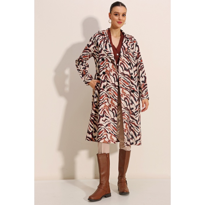 5853 Desenli Kruvaze Yaka Trençkot - C. Bej