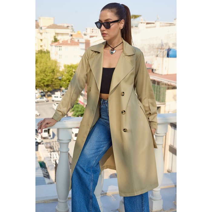 5853 Kruvaze Yaka Trençkot - A.Haki