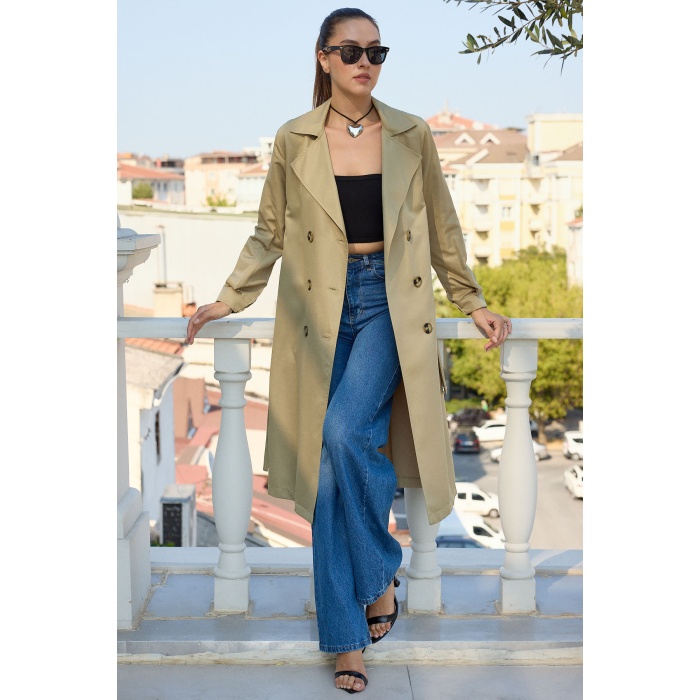 5853 Kruvaze Yaka Trençkot - A.Haki