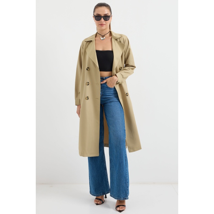 5853 Kruvaze Yaka Trençkot - A.Haki