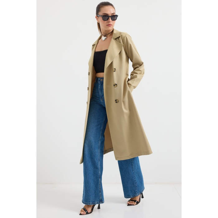 5853 Kruvaze Yaka Trençkot - A.Haki