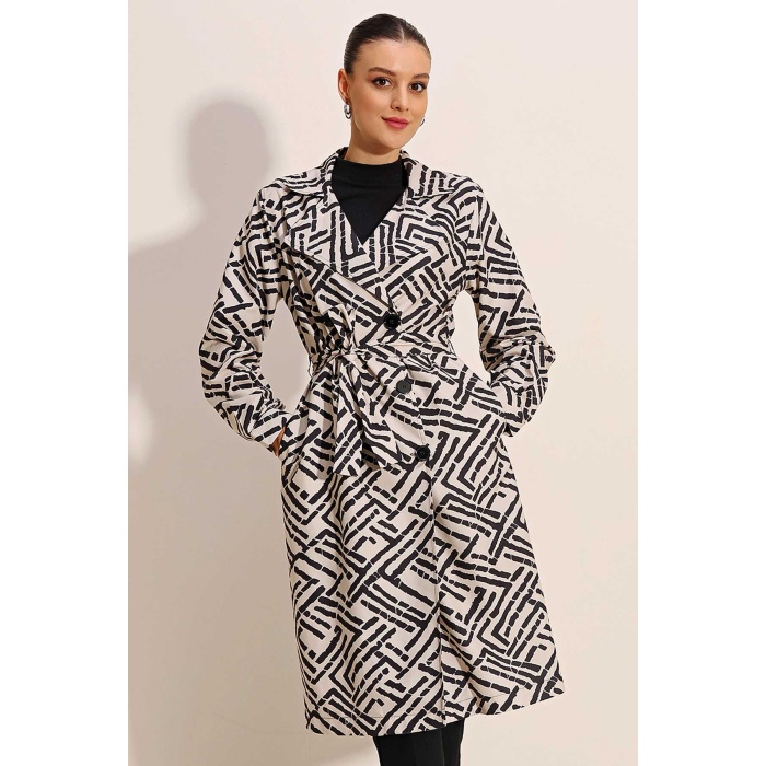 5853 Desenli Kruvaze Yaka Trençkot - C.Beyaz