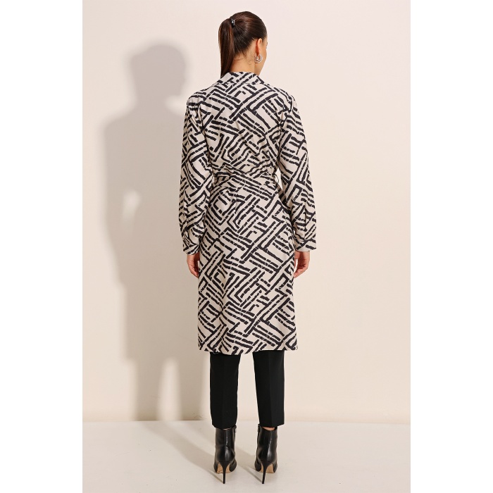 5853 Desenli Kruvaze Yaka Trençkot - C.Beyaz