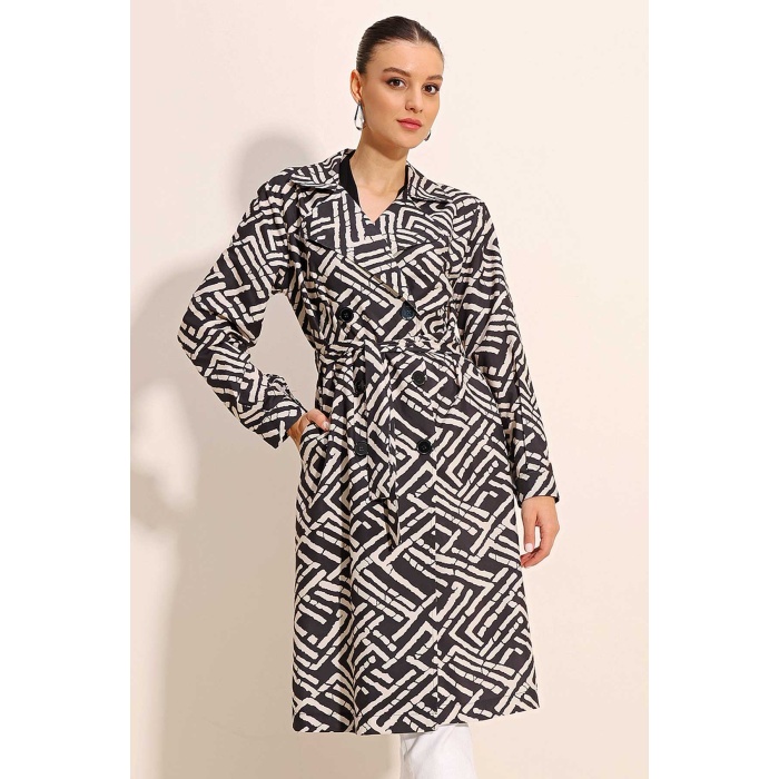 5853 Desenli Kruvaze Yaka Trençkot - C. Siyah