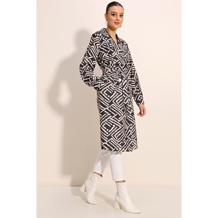5853 Desenli Kruvaze Yaka Trençkot - C. Siyah