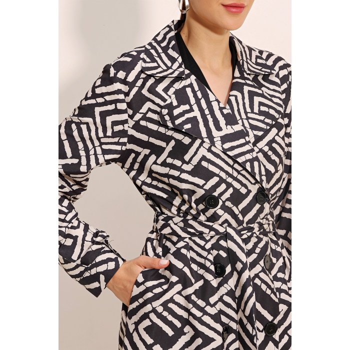 5853 Desenli Kruvaze Yaka Trençkot - C. Siyah