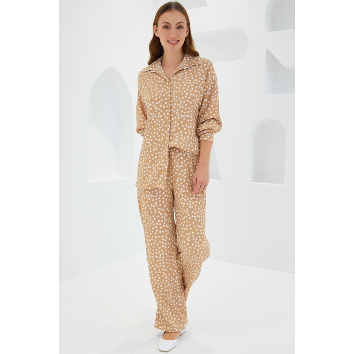 Kadın Puantiyeli Bej Ekru Örme İkili Takım 5858