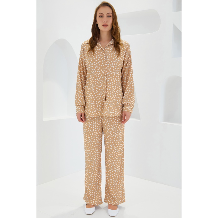 Kadın Puantiyeli Bej Ekru Örme İkili Takım 5858