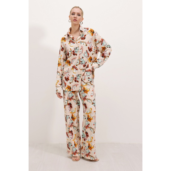 Kadın Krem Desenli Örme İkili Takım 5858