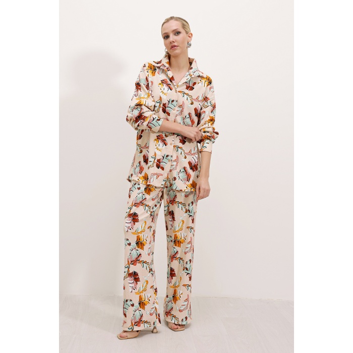 Kadın Krem Desenli Örme İkili Takım 5858