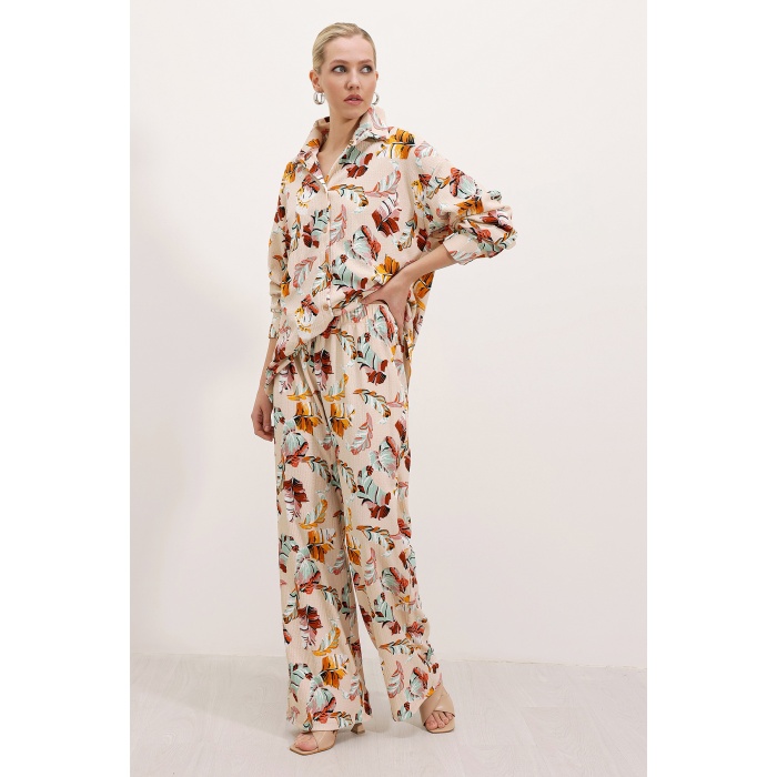 Kadın Krem Desenli Örme İkili Takım 5858