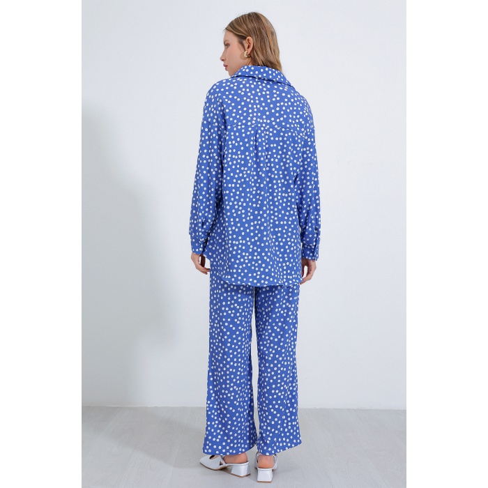 Kadın Puantiyeli İndigo Ekru Örme İkili Takım 5858