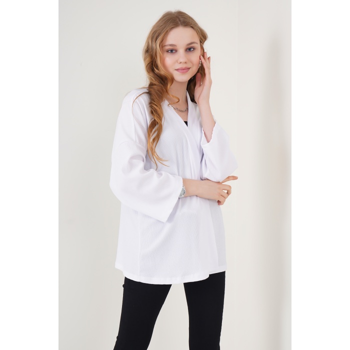 5862 Örme Kimono - Beyaz
