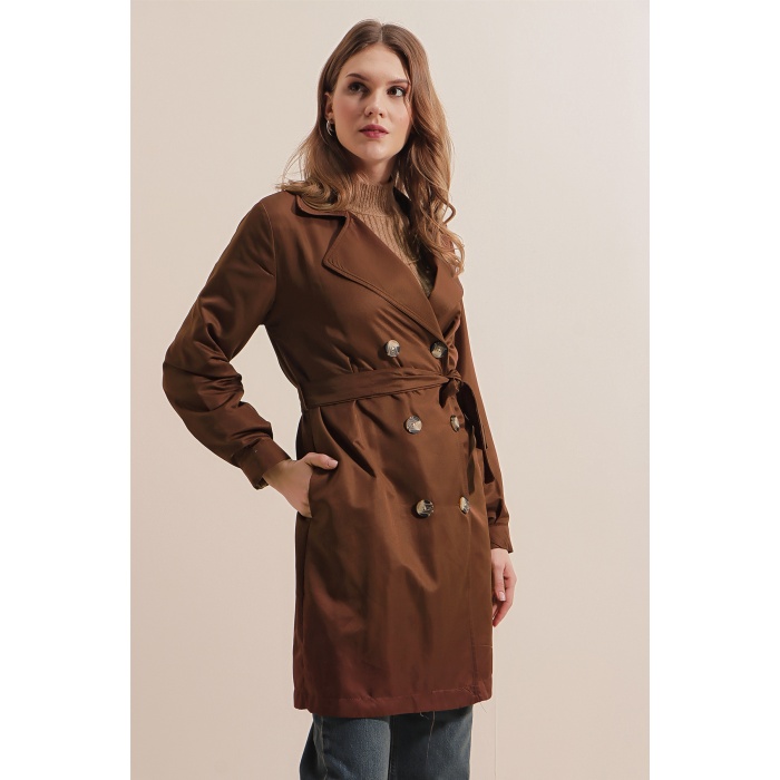5864 Kruvaze Yaka Kısa Trençkot - Kahverengi