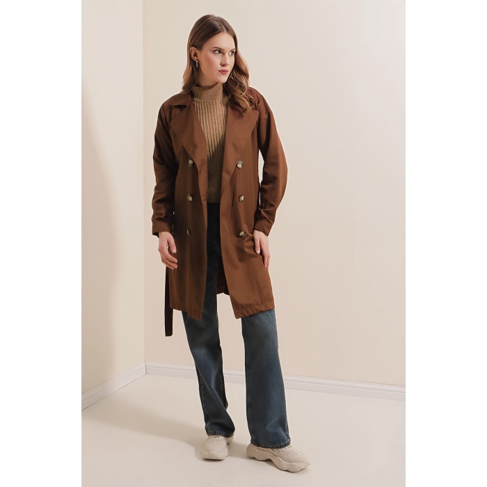5864 Kruvaze Yaka Kısa Trençkot - Kahverengi