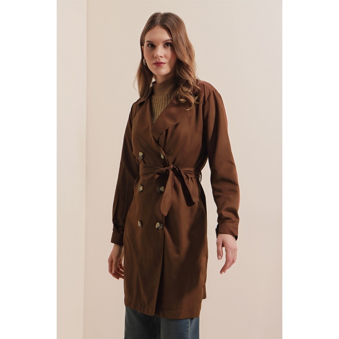 5864 Kruvaze Yaka Kısa Trençkot - Kahverengi