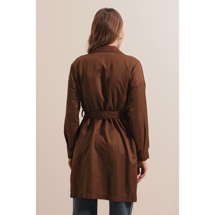 5864 Kruvaze Yaka Kısa Trençkot - Kahverengi