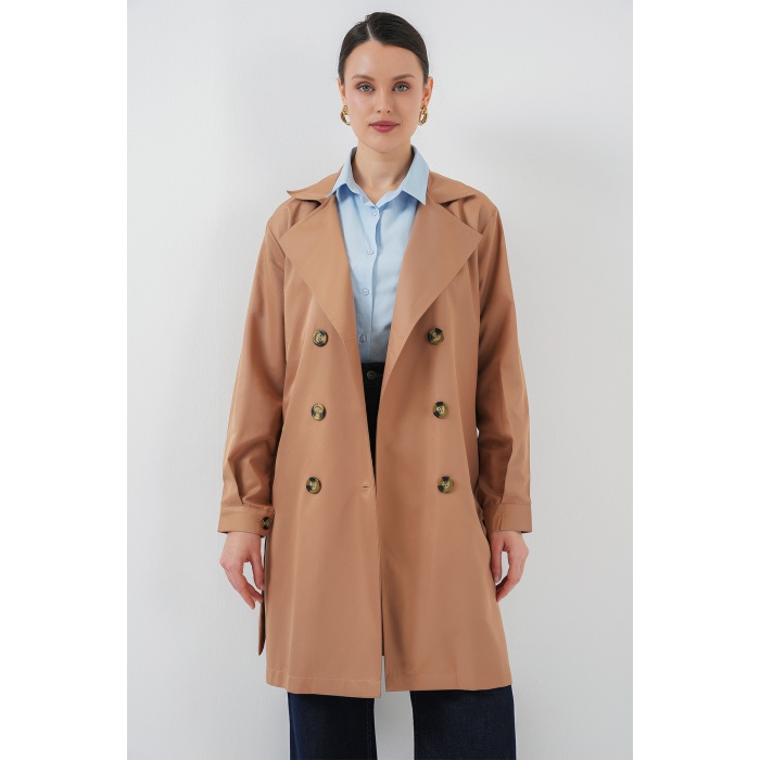 5864 Kruvaze Yaka Kısa Trençkot - Taba