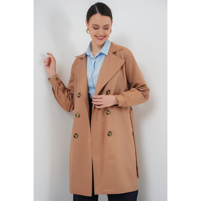 5864 Kruvaze Yaka Kısa Trençkot - Taba