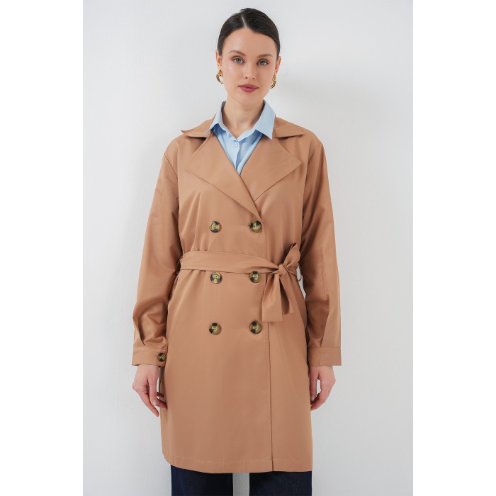 5864 Kruvaze Yaka Kısa Trençkot - Taba