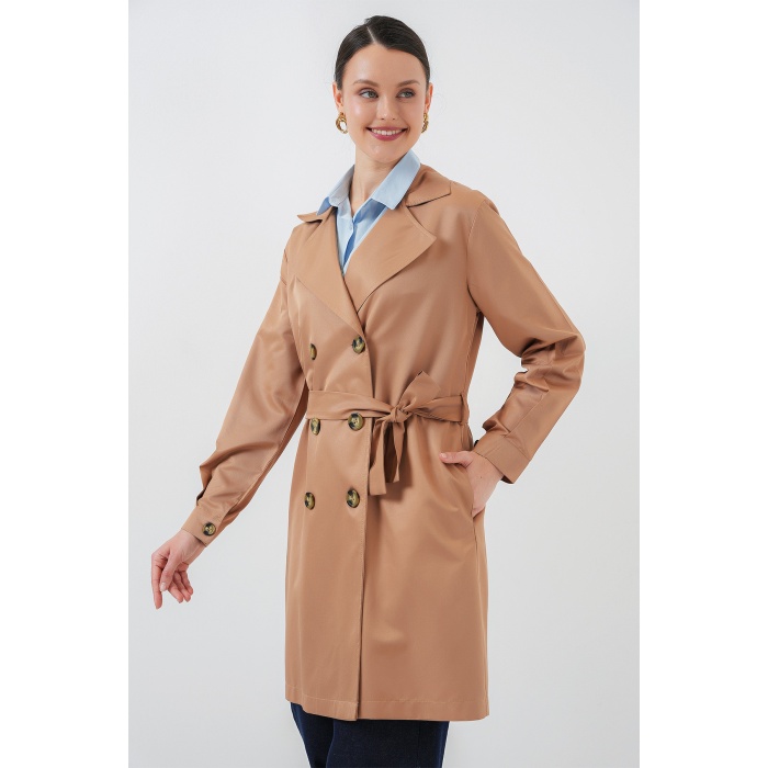 5864 Kruvaze Yaka Kısa Trençkot - Taba