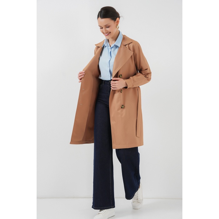 5864 Kruvaze Yaka Kısa Trençkot - Taba