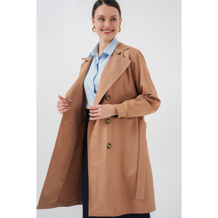 5864 Kruvaze Yaka Kısa Trençkot - Taba