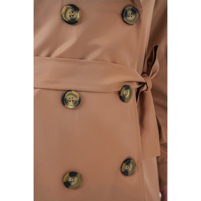 5864 Kruvaze Yaka Kısa Trençkot - Taba