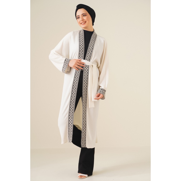 5865 Nakışlı Örme Uzun Kimono - Beyaz