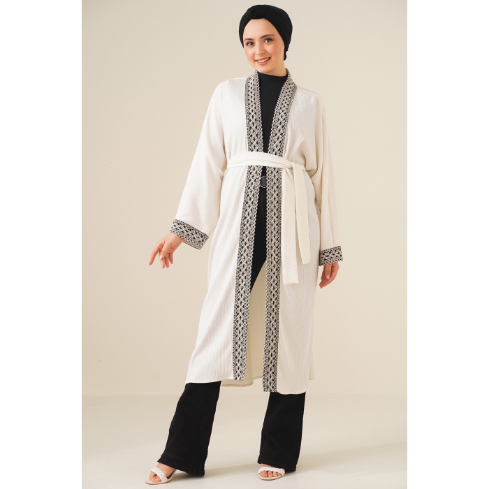 5865 Nakışlı Örme Uzun Kimono - Beyaz