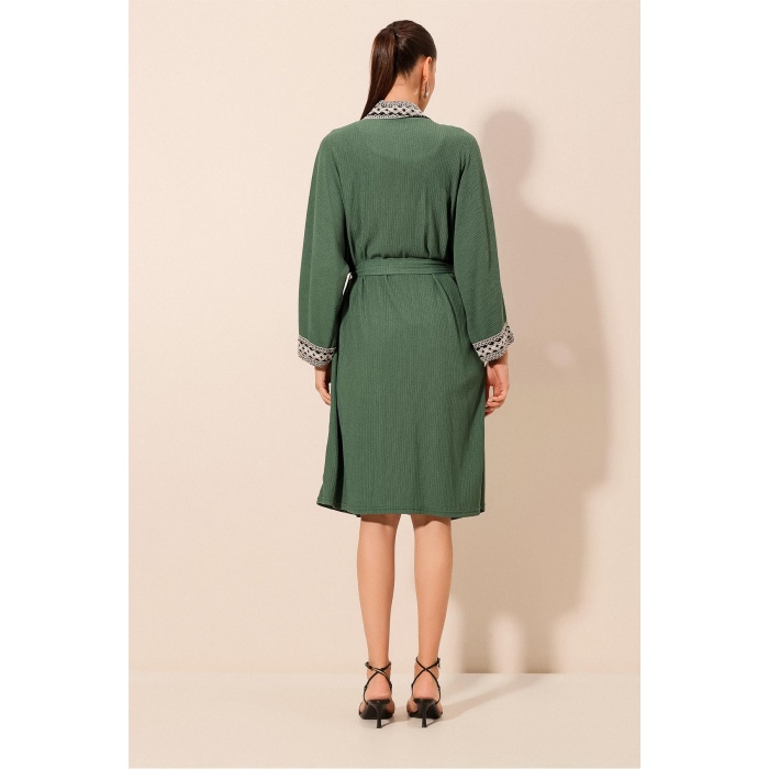 5865 Nakışlı Örme Uzun Kimono - Zümrüt Yeşili