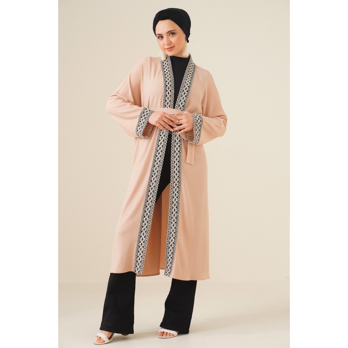 5865 Nakışlı Örme Uzun Kimono - Bisküvi