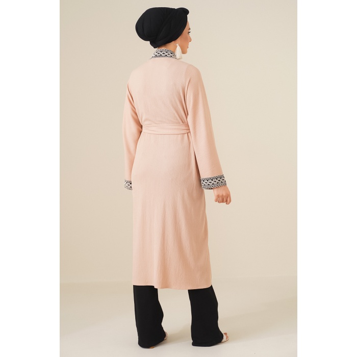 5865 Nakışlı Örme Uzun Kimono - Bisküvi