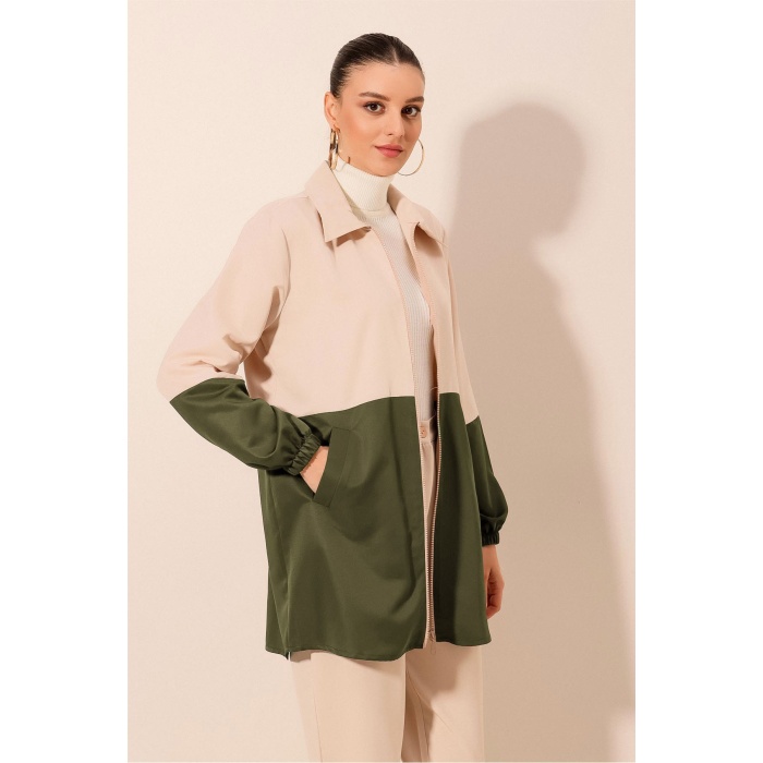 5909 Çift Renkli Mevsimlik Trençkot - Haki