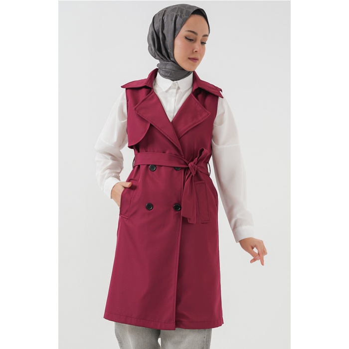 5911 Kruvaze Yaka Trençkot Yelek - Bordo