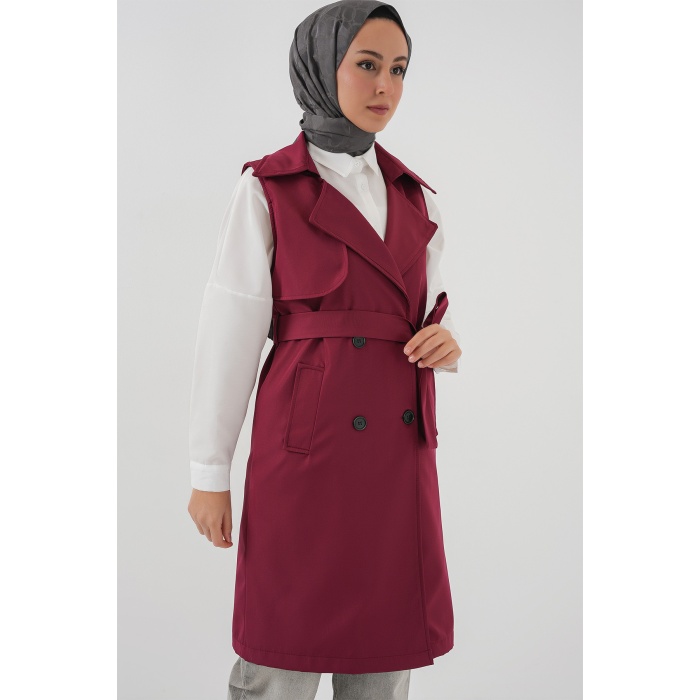 5911 Kruvaze Yaka Trençkot Yelek - Bordo