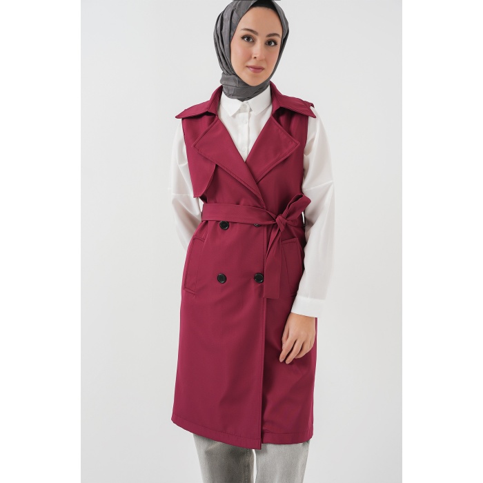 5911 Kruvaze Yaka Trençkot Yelek - Bordo