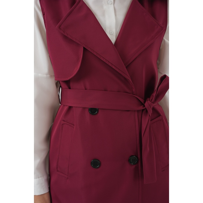 5911 Kruvaze Yaka Trençkot Yelek - Bordo