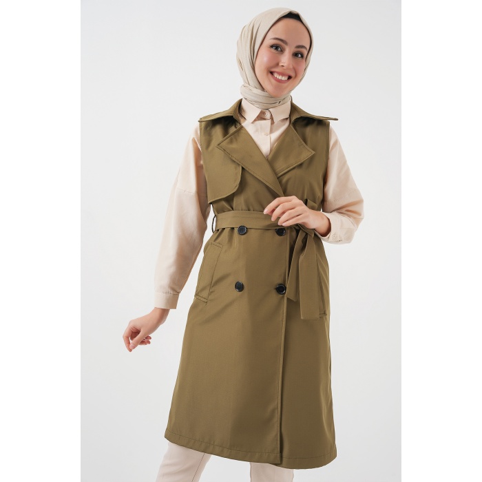 5911 Kruvaze Yaka Trençkot Yelek - Haki