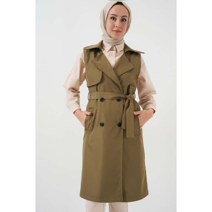 5911 Kruvaze Yaka Trençkot Yelek - Haki