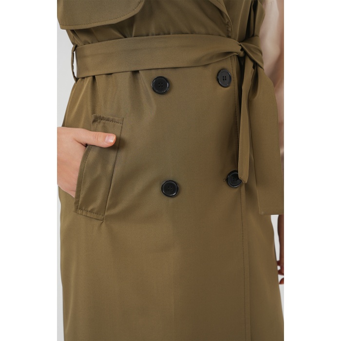 5911 Kruvaze Yaka Trençkot Yelek - Haki