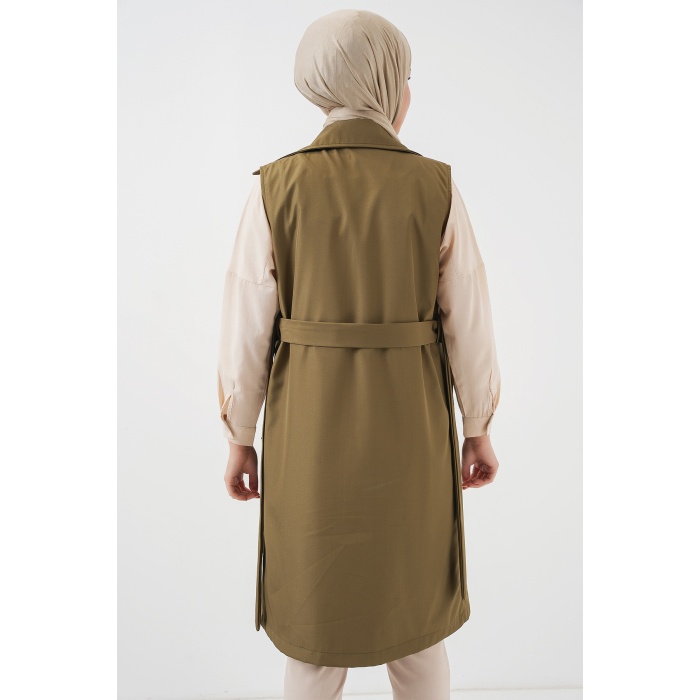 5911 Kruvaze Yaka Trençkot Yelek - Haki